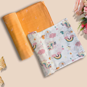 100% Cotton Muslin Baby Swaddle Set, Baby Towel, Size100cm x 100cm (39x39), Stars Printed on White, 018 Month+, Printed Mulm