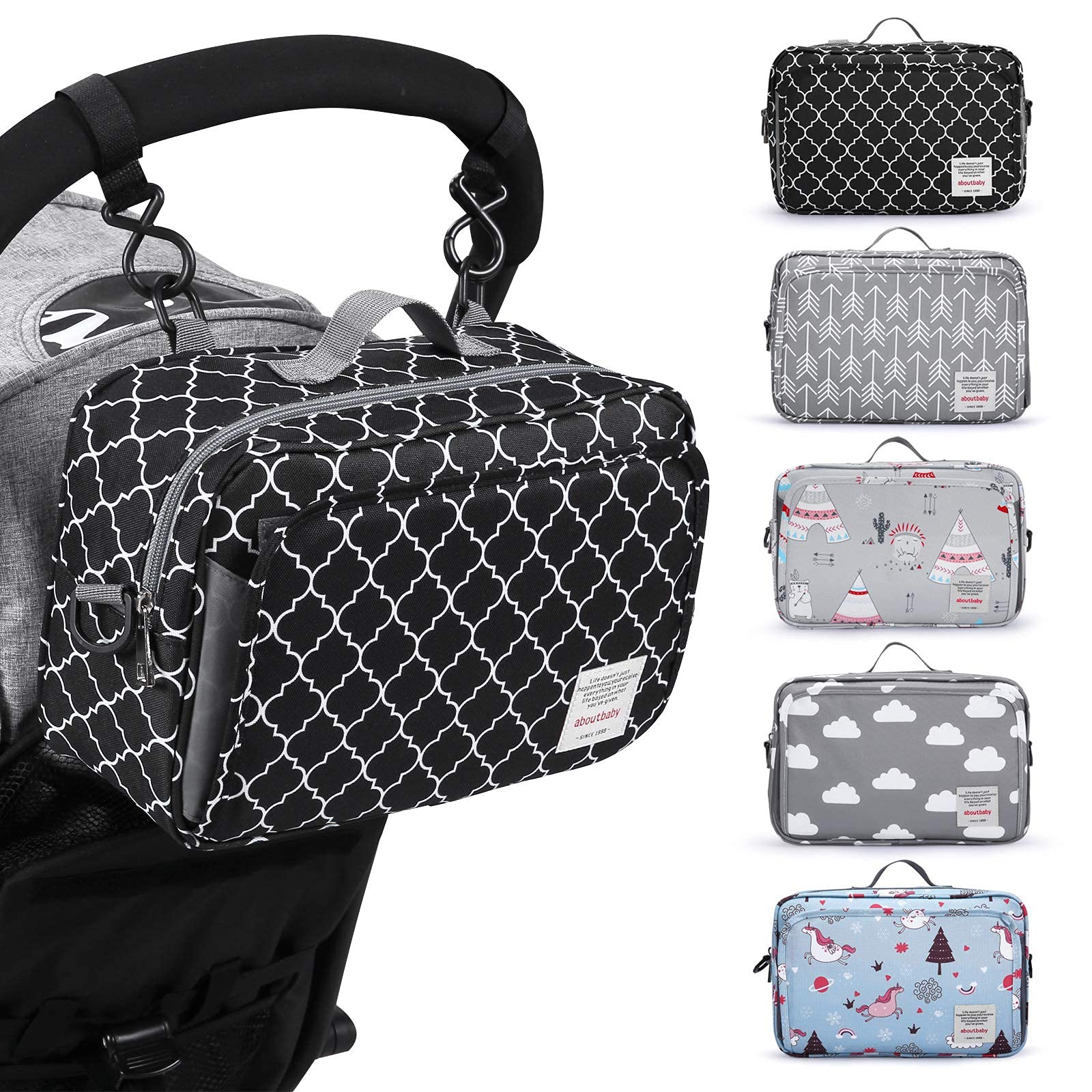 Small Diaper Bag, Mini Stroller Organizer Accessory With Wipe Pockets Caddy Parent Console With Hook Fit All Strollers, Black