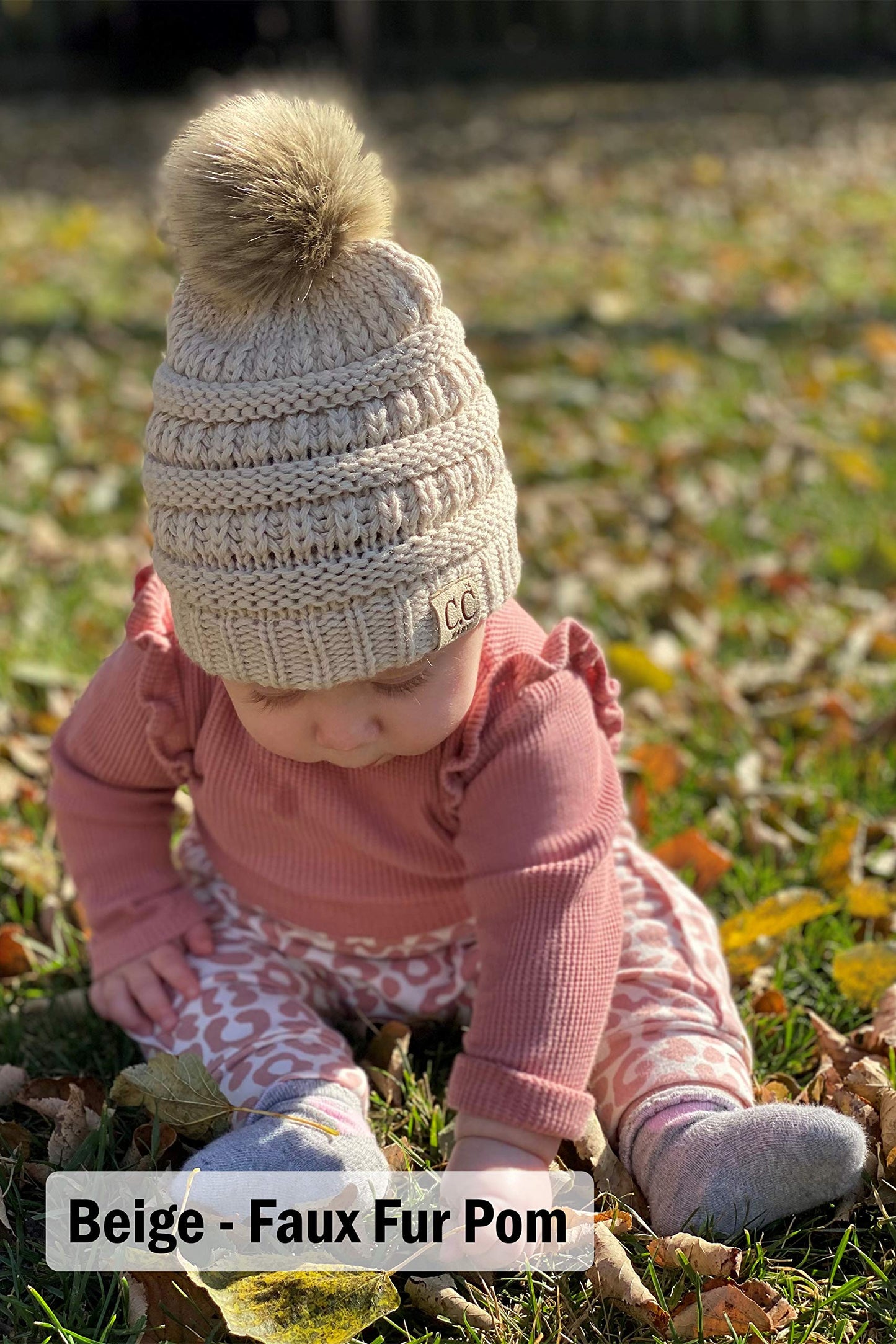 Funky Junque Exclusives Newborn Pom Pom Beanie Hats 2 Pack Warm Knit Winter Infant Hats With Faux Fur Pom, Ivory & Pale Pink