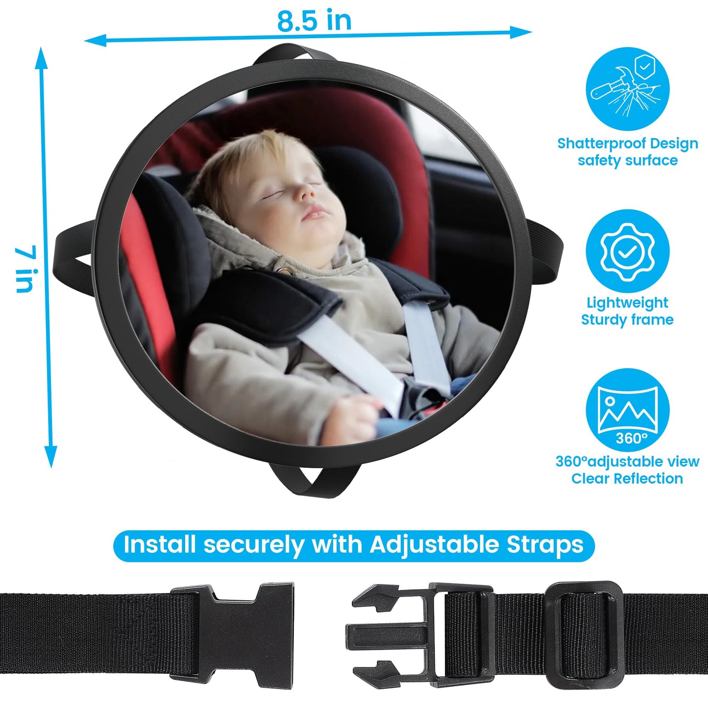 Baby Car Mirror For Rear Facing Carseat- Shatterproof Acrylic, 360 Adjustable Clear Wide Angle View, Ultra-Light Oval Design, Ea
