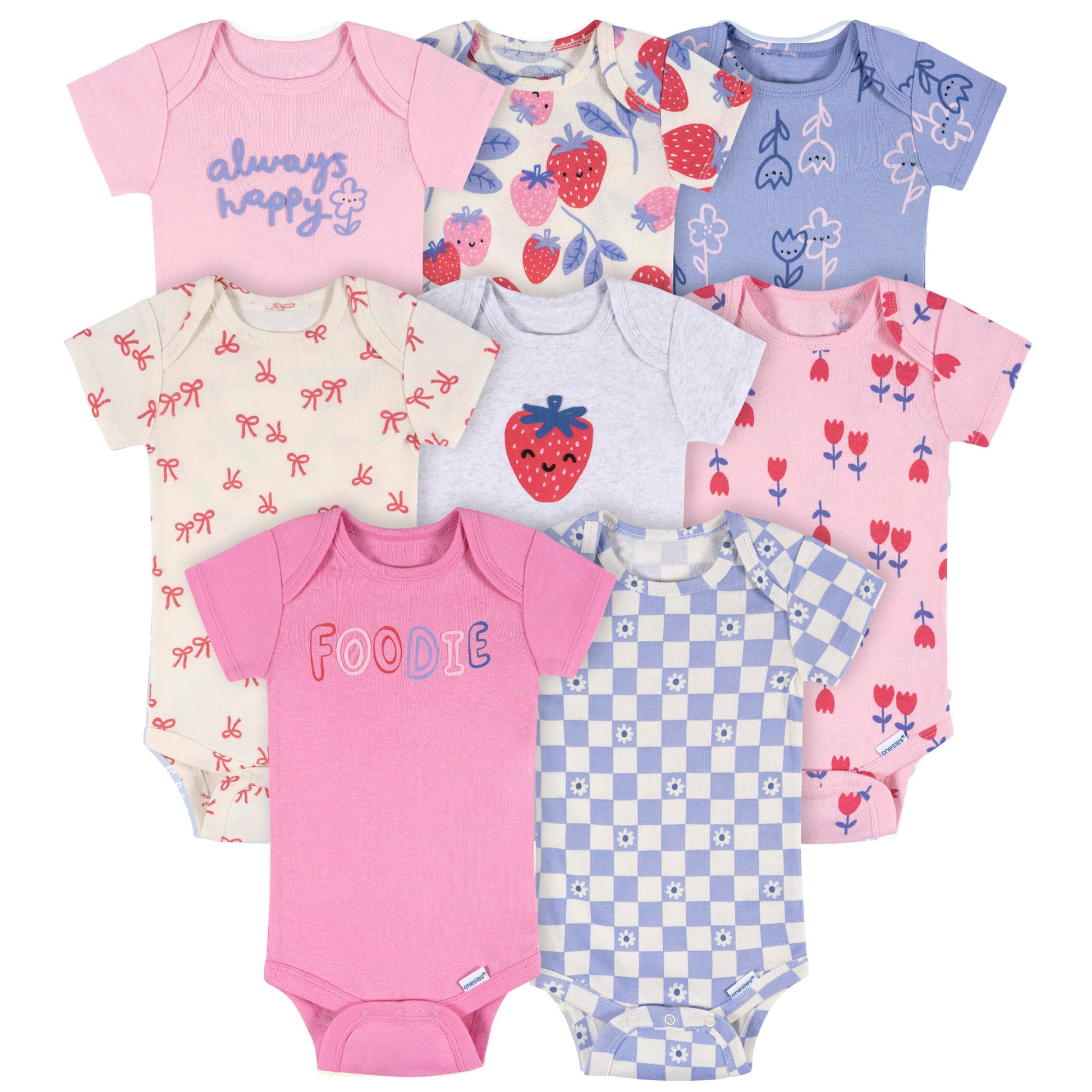 Onesies Brand baby-girls 8-pack Short Sleeve Mix & Match Bodysuits, Berry Happy, 12 Months