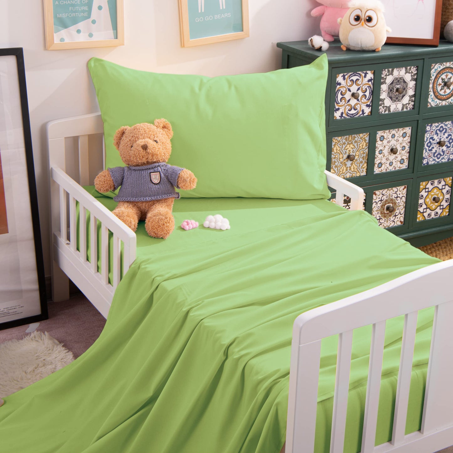 Ntbay Toddler Sheet Set - 3-Piece Microfiber Crib Sheet Set - Flat Sheet, Fitted Sheet, Pillowcase - Solid Toddler Bedding, Gree