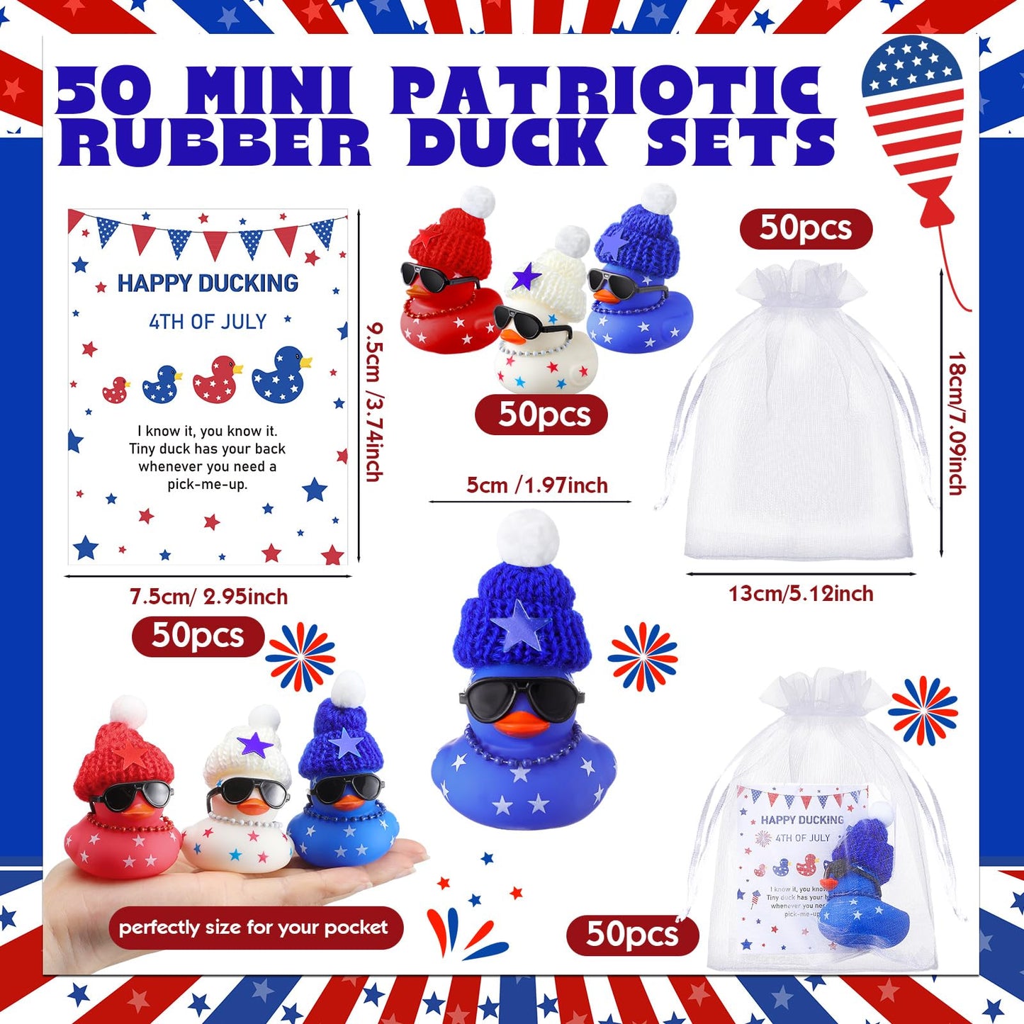 Lunmon 200 Pcs 4th of July Party Favor 50 Pcs Red White Blue Patriotic Rubber Duck 2 Inch Sunglass Independence Day Duck for Bat