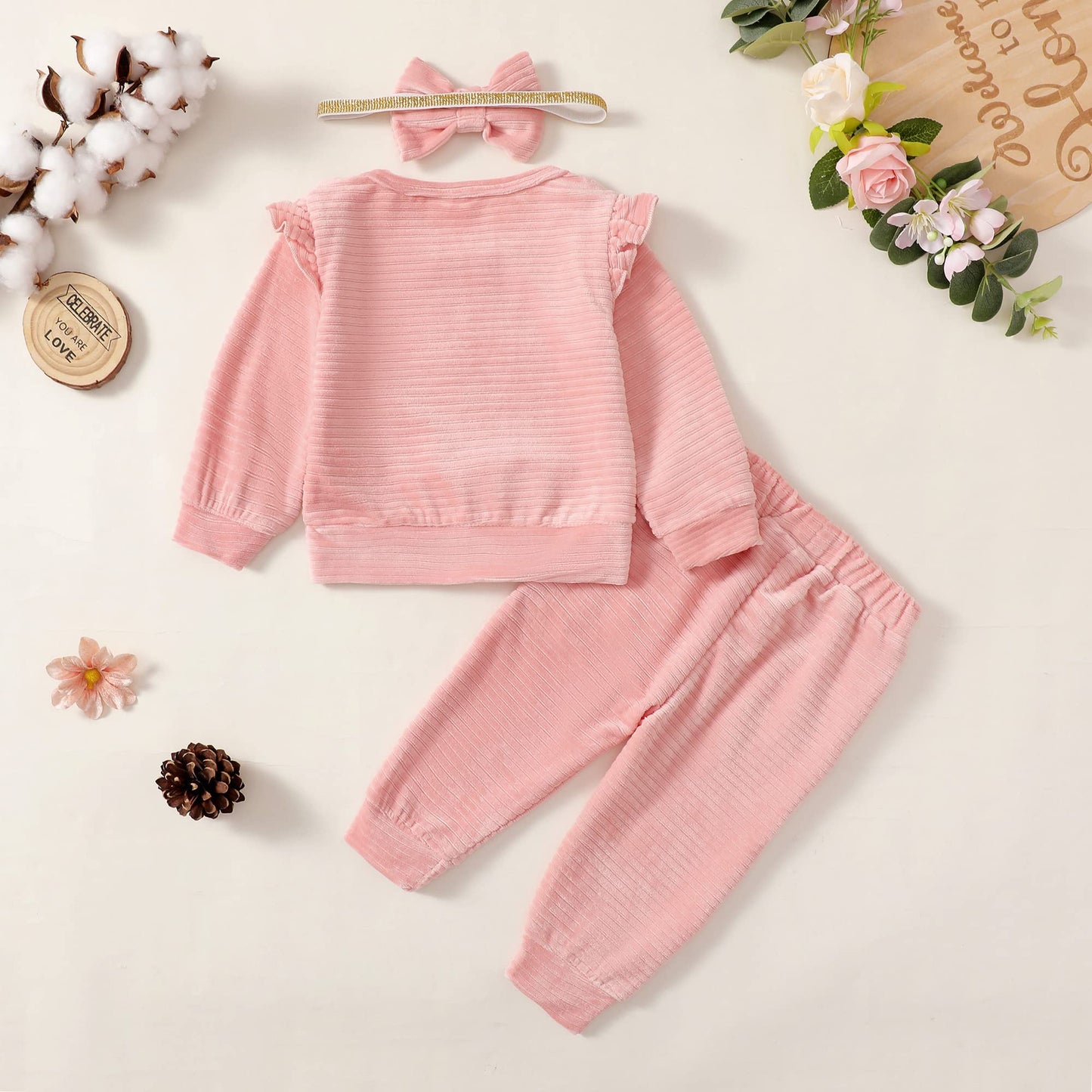Mioglrie Infant Baby Girl Clothes Top Pants Outfits Set Ruffle Baby Girl Outfits Baby Girls' Clothing Baby Pink 6 To 12 Months B