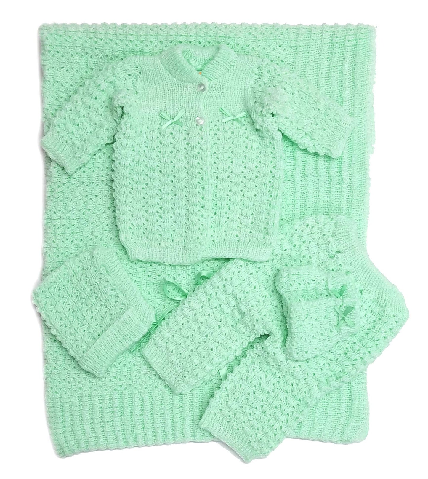 Newborn Baby Crochet Blanket 5 Piece Set Hat, Booties, Sweater, Pants (Green)