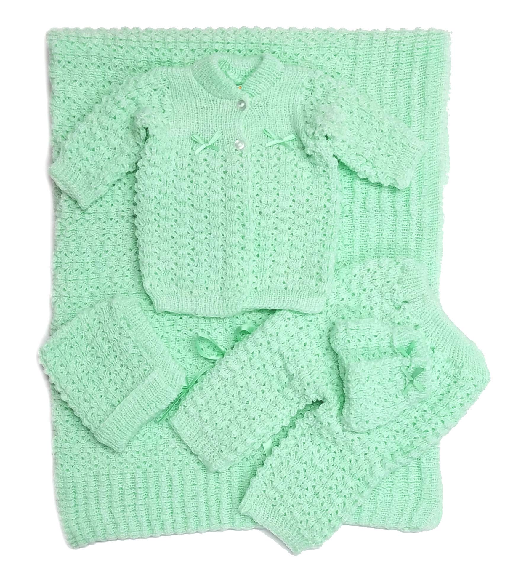 Newborn Baby Crochet Blanket 5 Piece Set Hat, Booties, Sweater, Pants (Green)