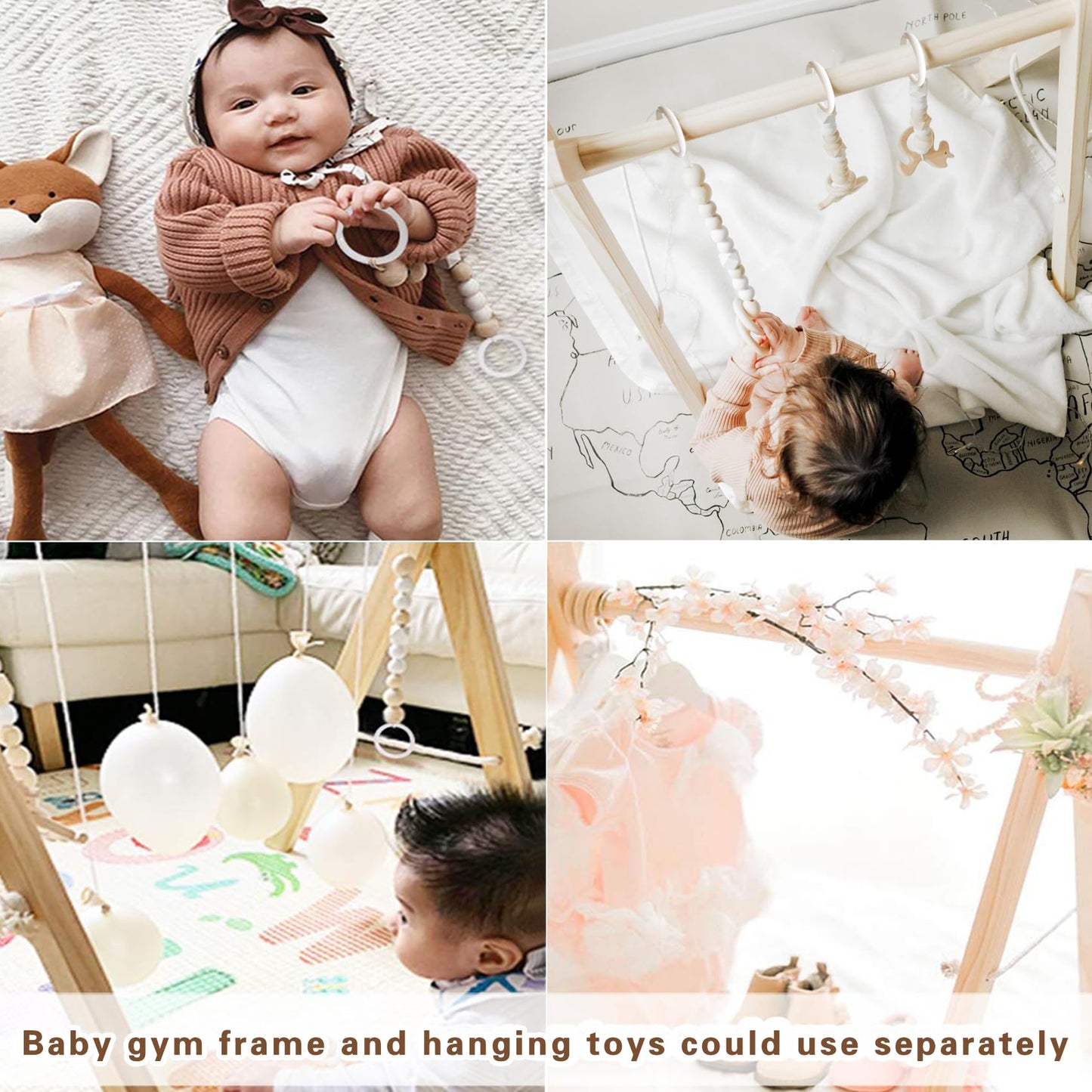 Wooden Baby Gym With 6 Gym Toys, Foldable Baby Play Gym, Natural Pine Wood Play Gym, Frame Activity Center Hanging Bar, Wooden P