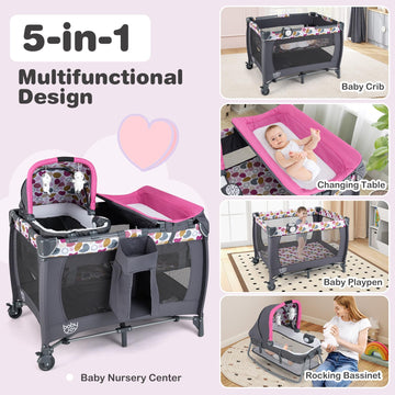 Baby Joy 5 In 1 Pack And Play, Portable Baby Playard W/Bassinet & Diaper Changing Table, Infant Nursery Center Pink Bassinet Wit