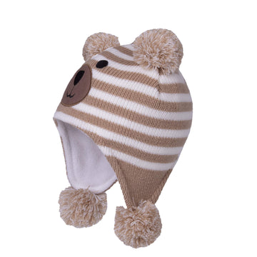 Langzhen Toddler Kids Infant Winter Hat,Earflap Knit Warm Cap Fleece Lined Beanie For Baby Boys Girls (Bear -Beige Stripe, 12-24