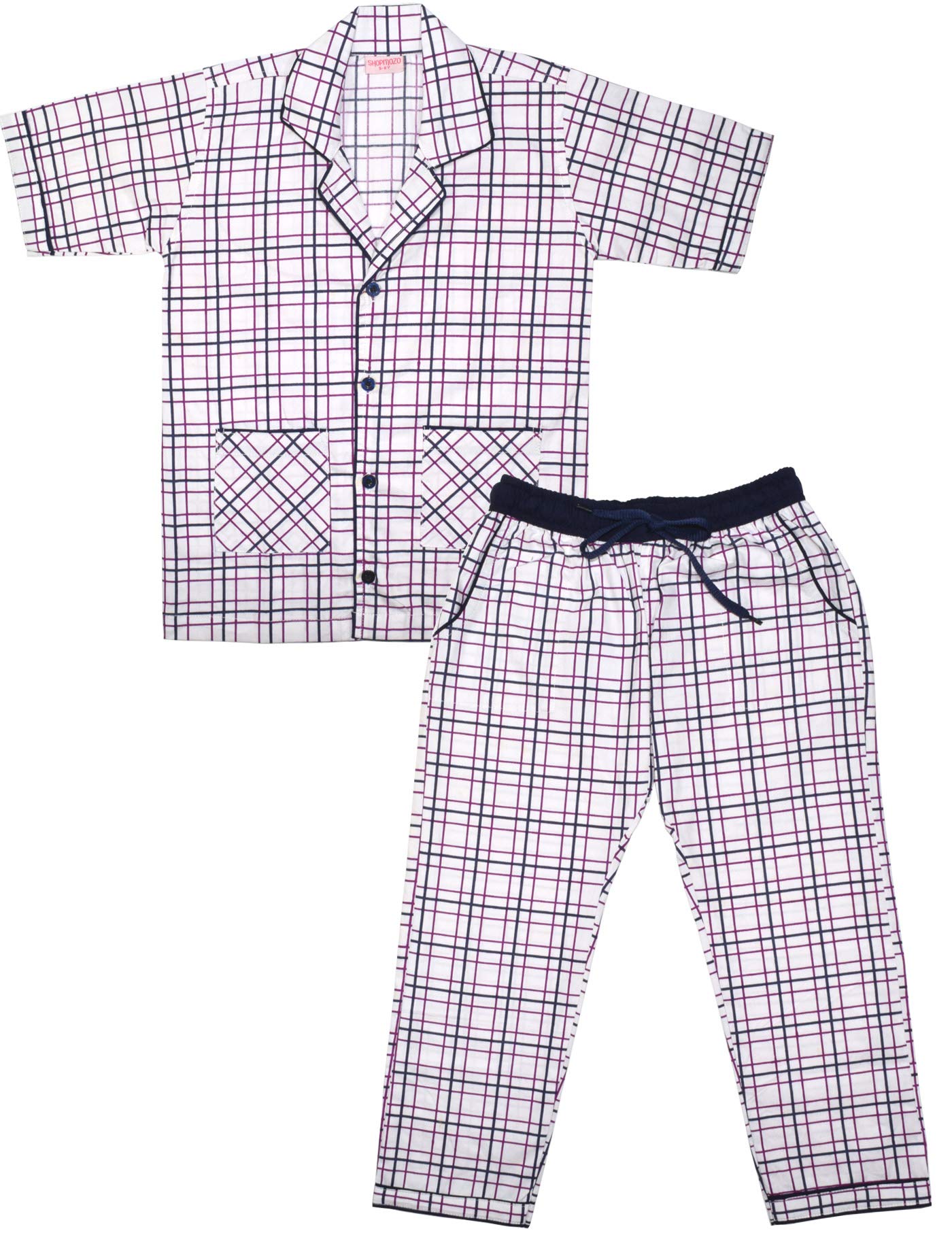 SHOPmOZO Unisex Pure Cotton Checkered Short Sleeve Night Suit for Boys and Girls Pyjama Top Combo Set (SM00502UNISEXSWPT_56 Ye