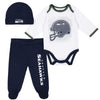 Gerber Nfl Seattle Seahawks 3 Pack Bodysuit Footed Pant And Cap Registry Gift Set, Blue/White Seattle Seahawks, 3-6M