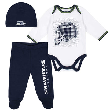 Gerber Nfl Seattle Seahawks 3 Pack Bodysuit Footed Pant And Cap Registry Gift Set, Blue/White Seattle Seahawks, 3-6M