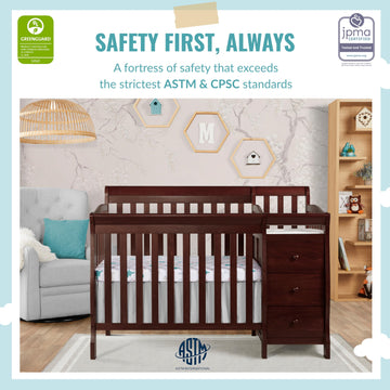 Dream On Me Jayden 4-In-1 Mini Convertible Crib And Changer In Espresso, Greenguard Gold Certified, Non-Toxic Finish, New Zealan