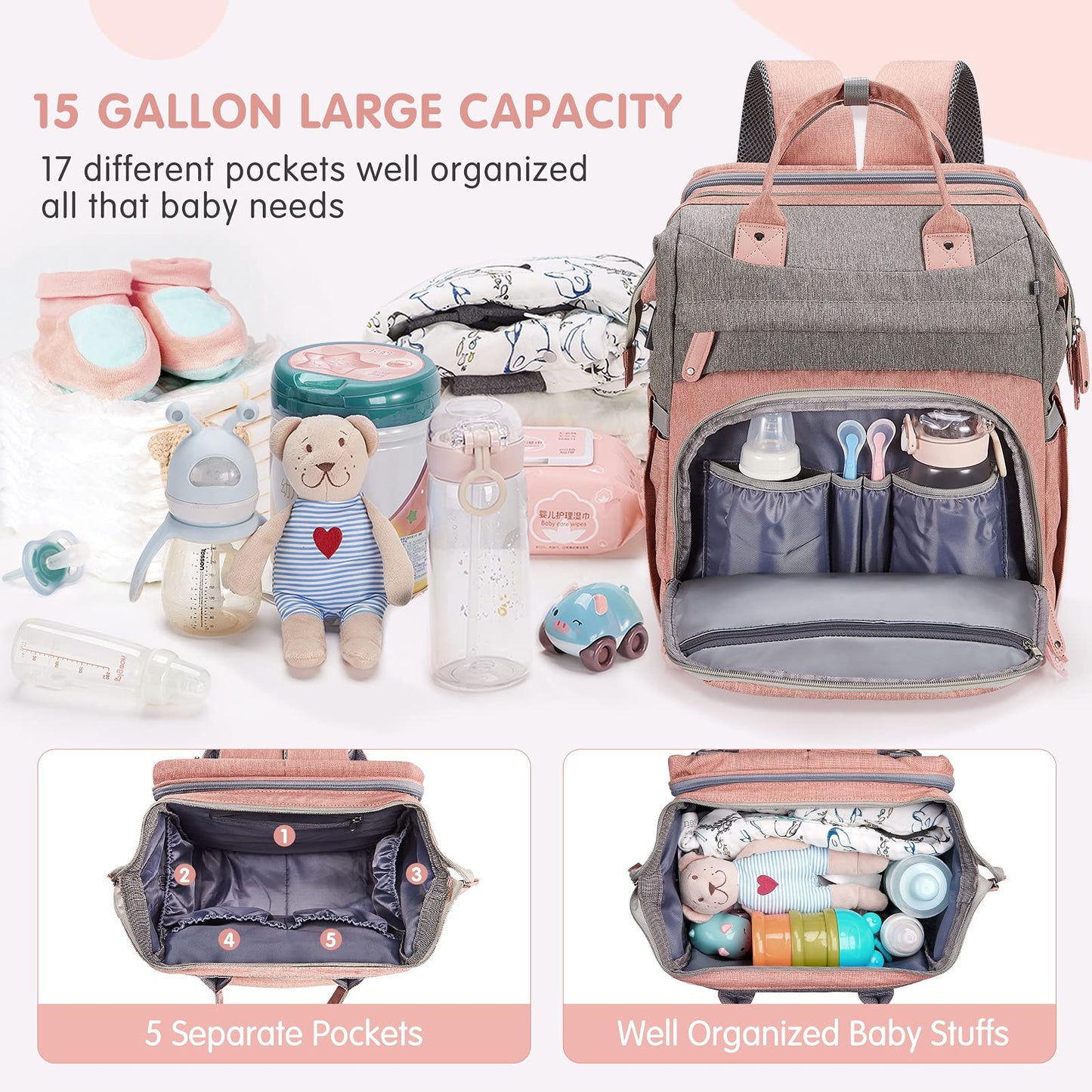 Derjunstar Diaper Bag Backpack,Baby Diaper Bags, Multifunctional Travel Diaper Waterproof Backpack For Baby Boy & Girls, Rose Pi