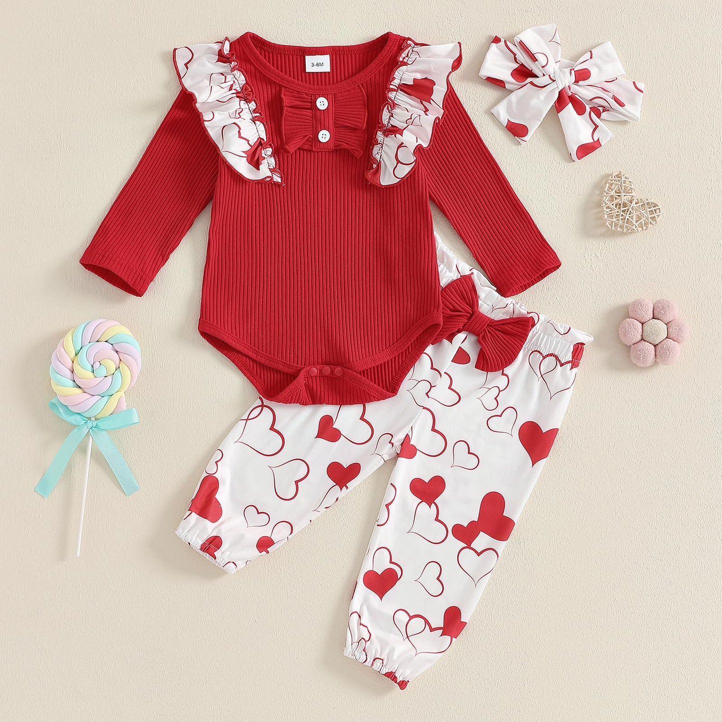 Rtnnsbbfcm Newborn Baby Girl Valentine'S Day Outfit Long Sleeve Ribbed Romper Heart Print Pants Headband 3Pcs Set (Red Heart, 6-