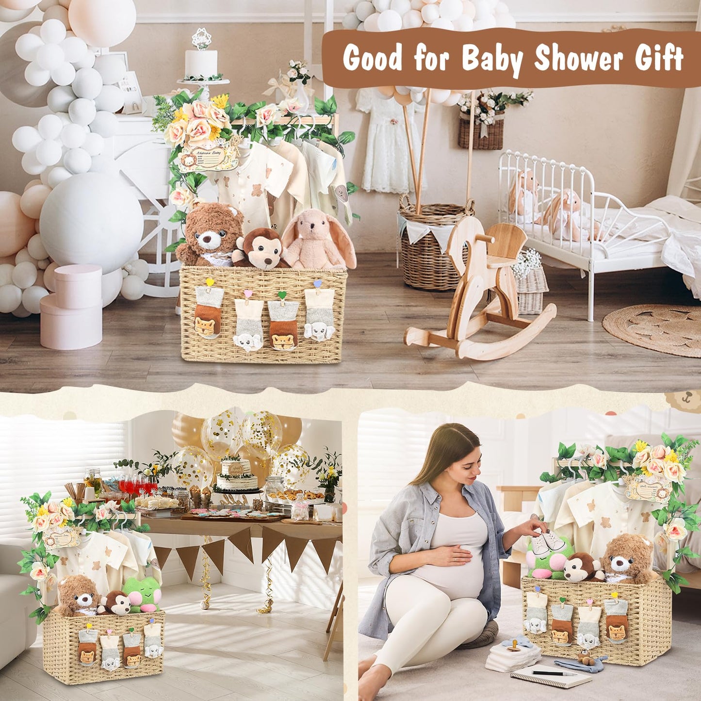 Wisreach Wooden Baby Shower Crate Closet, Foldable Handwoven Storage Basket for Baby Shower Gifts, Welcome Gift Basket for Newbo