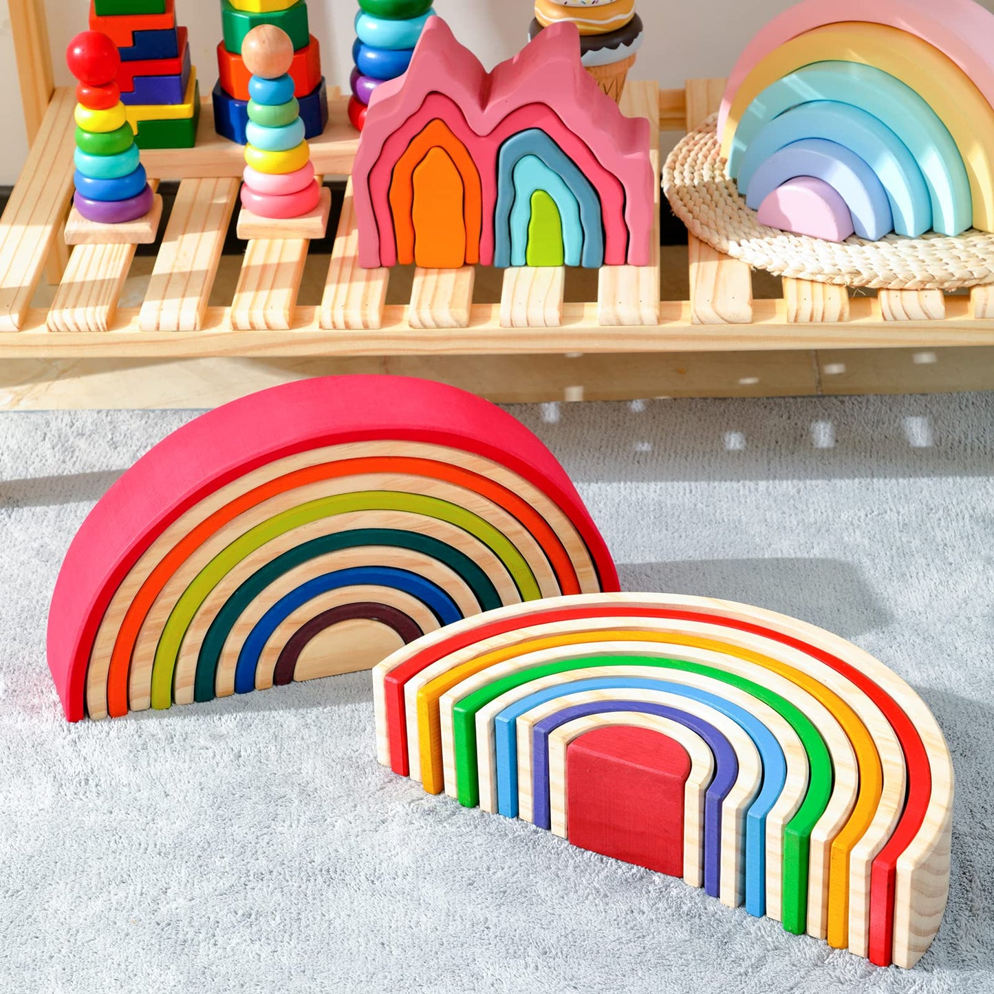 MERRYHEART Wooden Rainbow Stacking Toy, 12 Pcs Wood Building Blocks Set, Waldorf Toys for Toddlers, Matching Educational Learnin