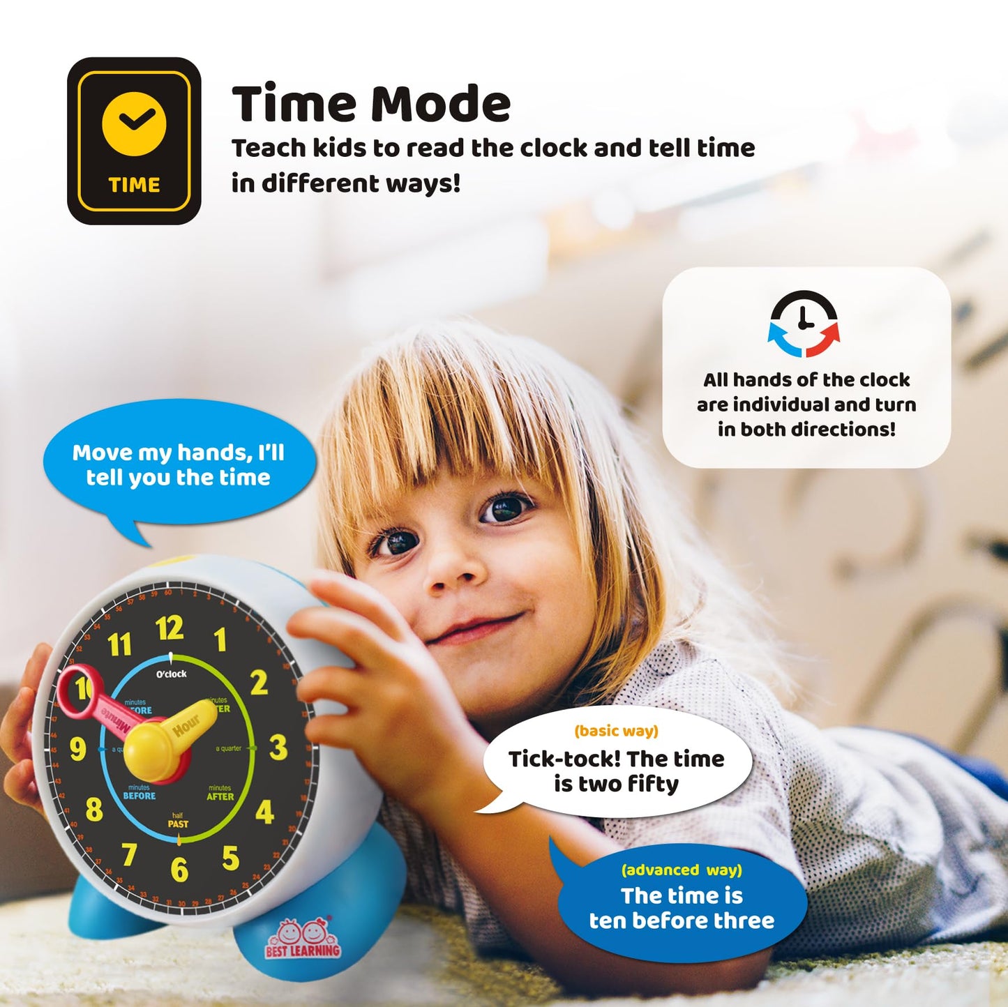 BEST LEARNING Learning Clock - Educational Talking Learn to Tell Time Teaching Light-Up Toy with Quiz and Music Sleep Mode - Tod