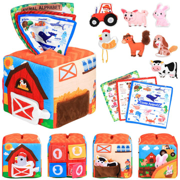 MPQMPQ Baby Tissue Box Toy Farm Crink Plush,Whats Inside Box Montessori Toys with Rattle,Crinkle,Mirror for Babies 6 9 12 18 Mon