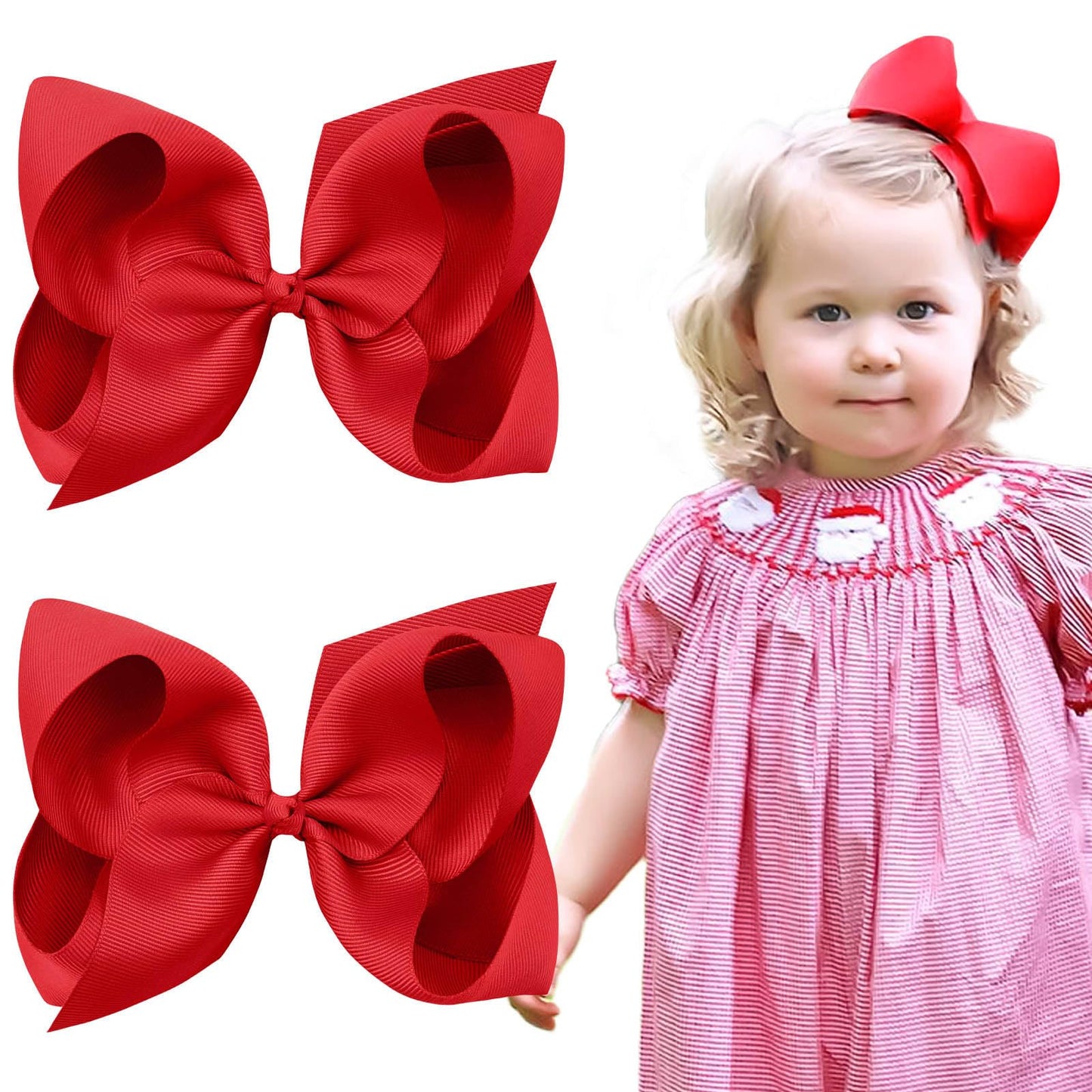 Oaoleer 2Pcs 6Inch Hair Bows Clips, Red Layered Grosgrain Ribbon Bows Hair Alligator Clips For Baby Girls Infants Toddlers Kids