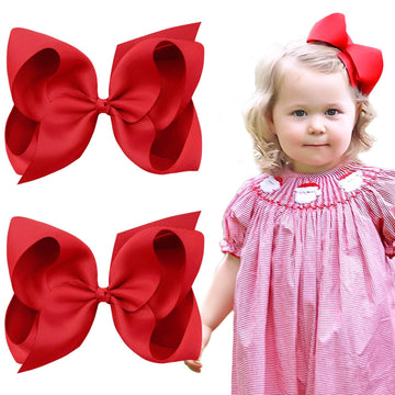 Oaoleer 2Pcs 6Inch Hair Bows Clips, Red Layered Grosgrain Ribbon Bows Hair Alligator Clips For Baby Girls Infants Toddlers Kids