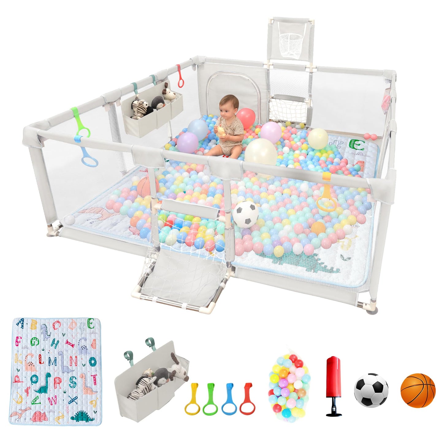 Playpen for Babies and Toddlers,73x71Baby Playpen with Mat Indoor&Outdoor with Breathable Play Pen with Ocean Balls Hanging Pock