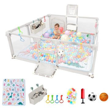Playpen for Babies and Toddlers,73x71Baby Playpen with Mat Indoor&Outdoor with Breathable Play Pen with Ocean Balls Hanging Pock