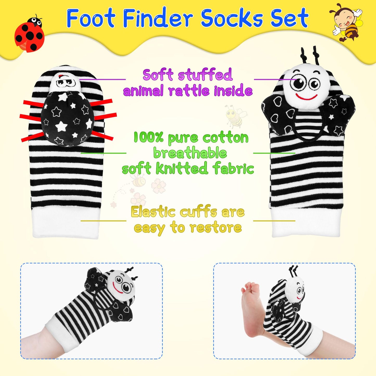 Baby Toys 0-6 Months, 4PCS Foot Finders & Wrist Rattles for Infants Toys Black and White Sensory Toys Baby Essentials for Newbor