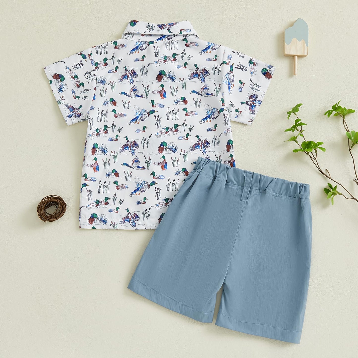 LAGKIYOJ Toddler Boy Summer Clothes Baby Boy Hunting Outfit Duck Print Lapel Button Down Shirt+Shorts Cute Infant Outfits (Blue