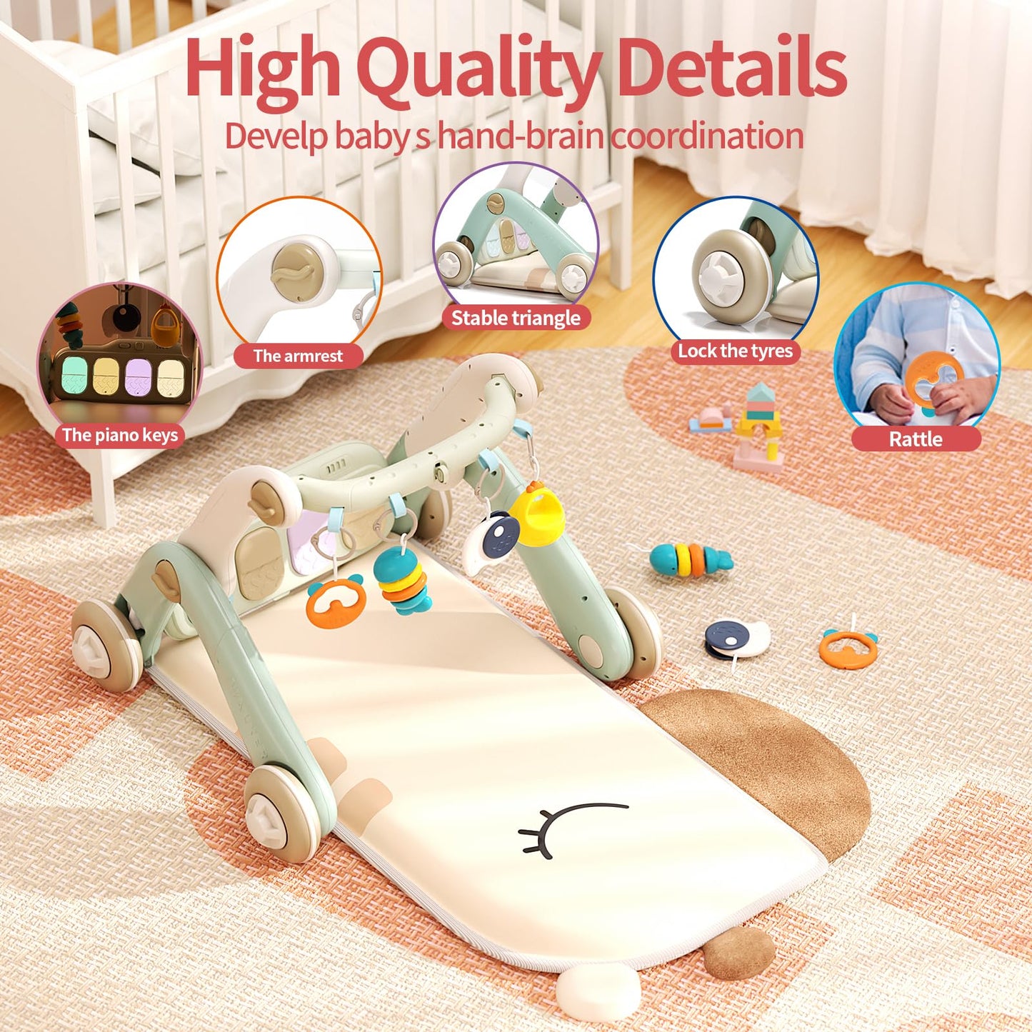 Jovow 2 In 1 Baby Gym With Walker,Baby Play Mat With 4 Infant Learning Sensory,Double-Sided Multifunctional Removable Play Piano