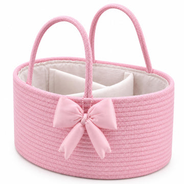 Hushee Pink Bow Baby Diaper Caddy Organizer Baby Gift Bag with Handle Nursery Storage Basket for Newborn Boy and Girl Storage Bi