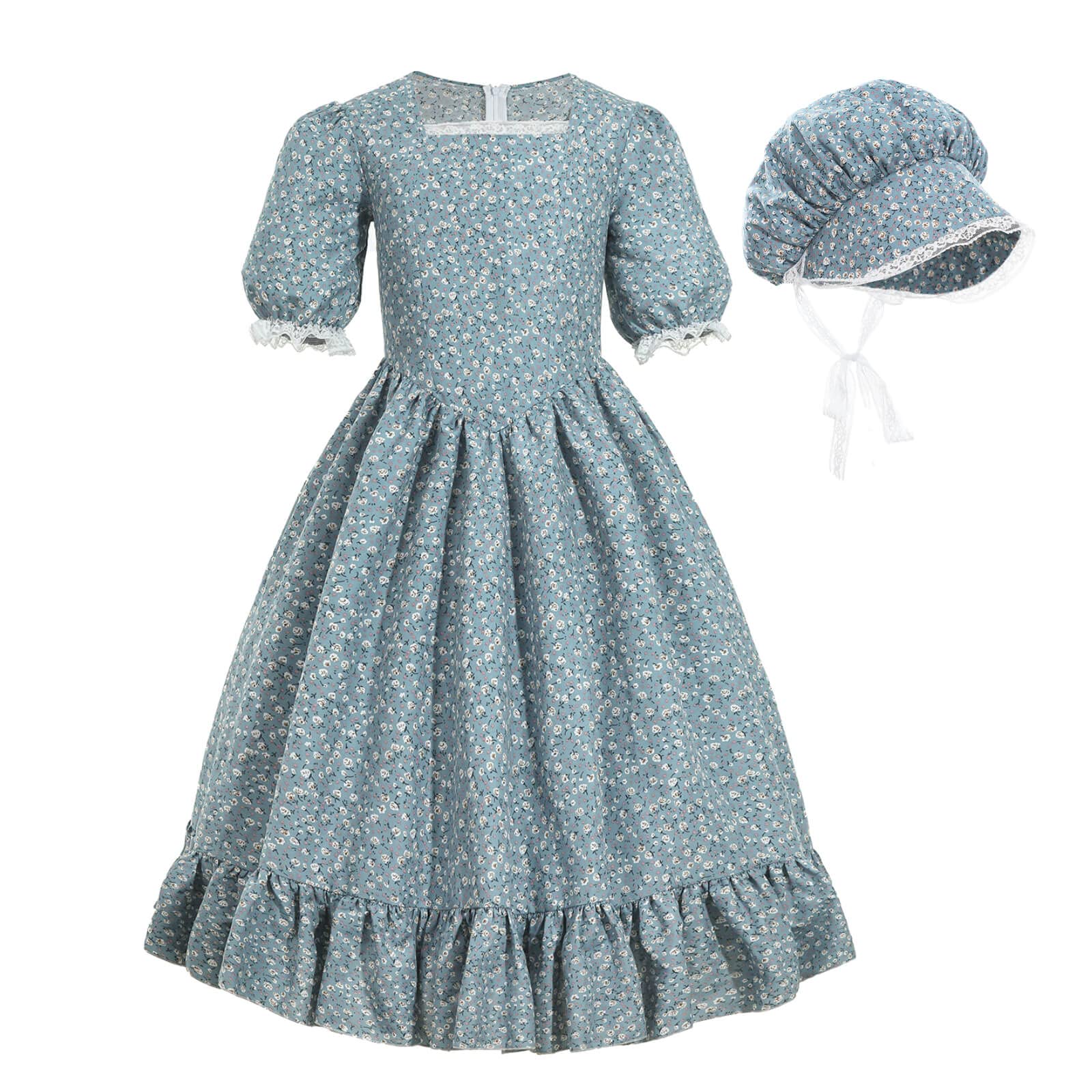 Nuoqi Pioneer Dresses For Girls Prairie Girl Dress Colonial Girl Costume 6-7, Blue