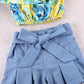 Kids Baby Girls Outfits Floral Ruffle Off Shoulder Crop Tops + Bowknot Denim Shorts Skirt Set Toddler Summer Clothes (Blue, 6-7