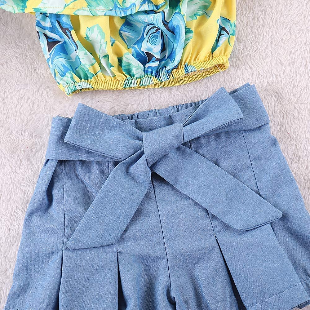 Kids Baby Girls Outfits Floral Ruffle Off Shoulder Crop Tops + Bowknot Denim Shorts Skirt Set Toddler Summer Clothes (Blue, 6-7