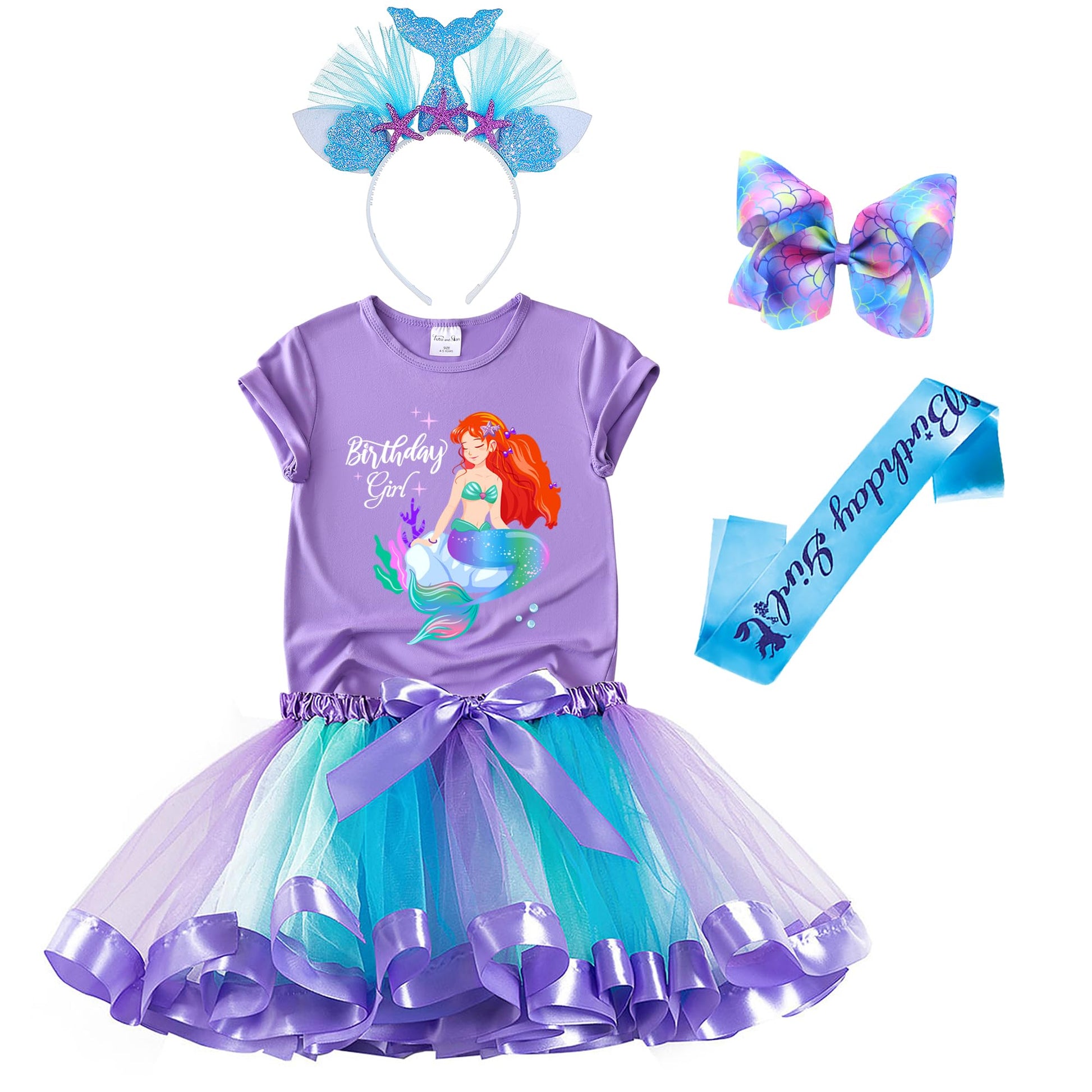Mermaid Birthday Outfit Set - Shirt, Rainbow Tutu Dress, Satin Sash, Headband - Birthday Gifts For Girls Costume (Purple 1, 7 Ye