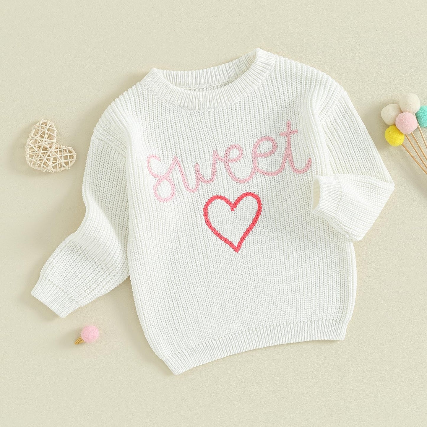 Baby Girl Cute Long Sleeve Crew Neck Love Embroidery Sweater Toddler Valentine Day Outfits (White Sweet, 18-24 Months)