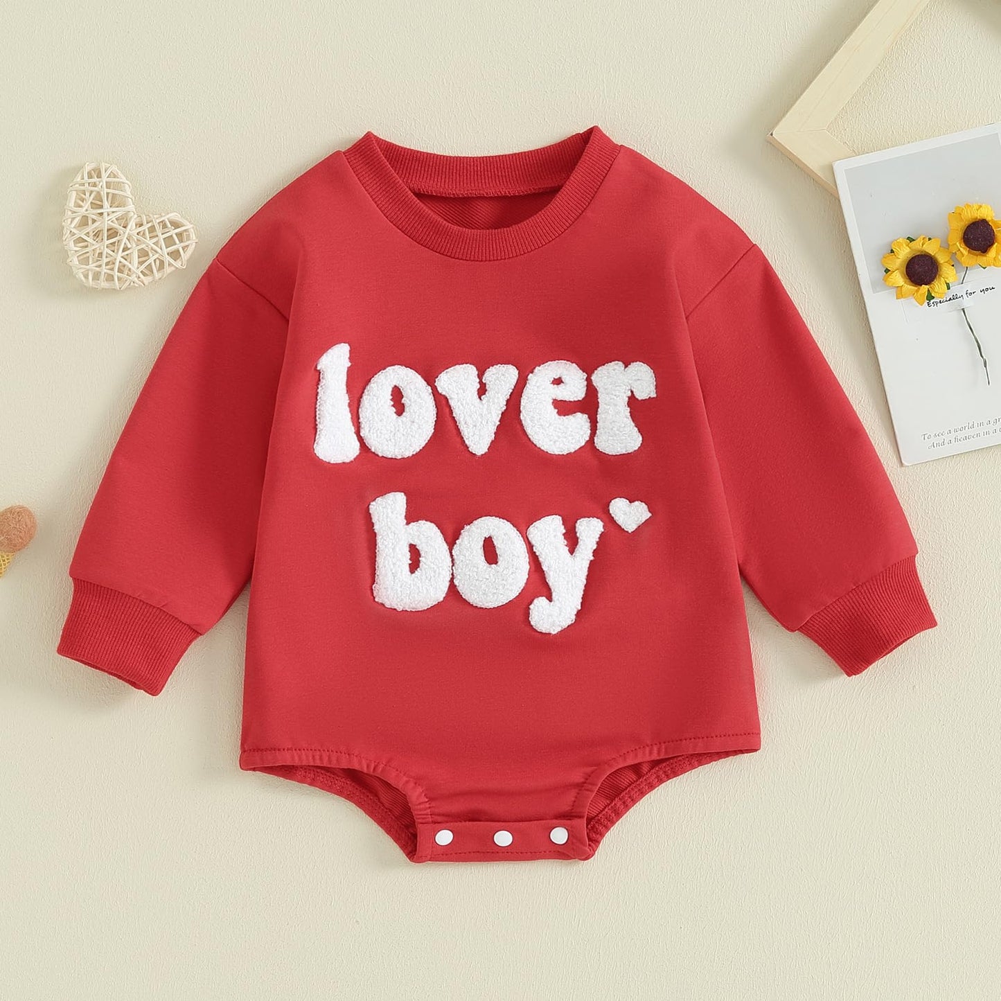 Lesimsam Newborn Baby Boy Girl Valentines Day Outfit Sweatshirt Bubble Romper Oversized Long Sleeve One-Piece Outfit (Red Lover