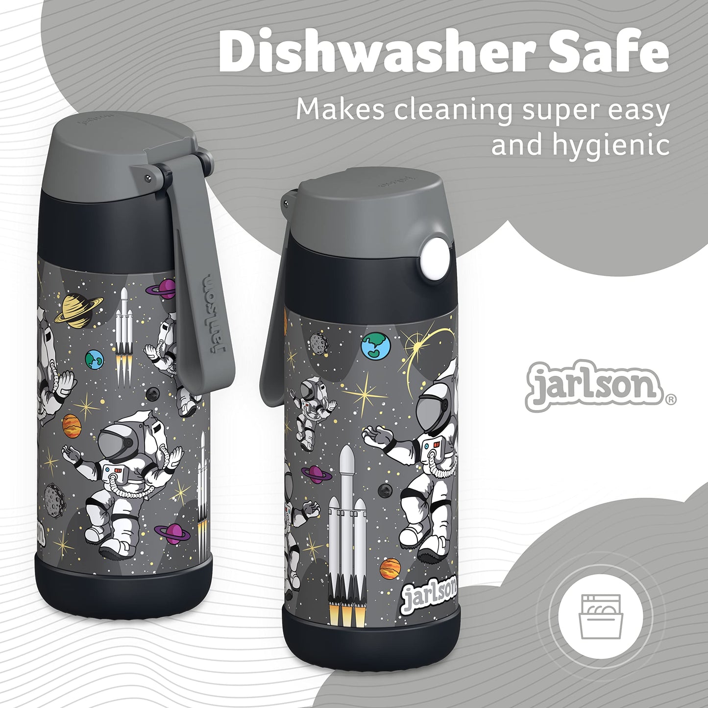Jarlson Kids Water Bottle With Straw - Charli - Insulated Stainless Steel Water Bottle - Thermos - Girlsboys (Astronaut Star, 12