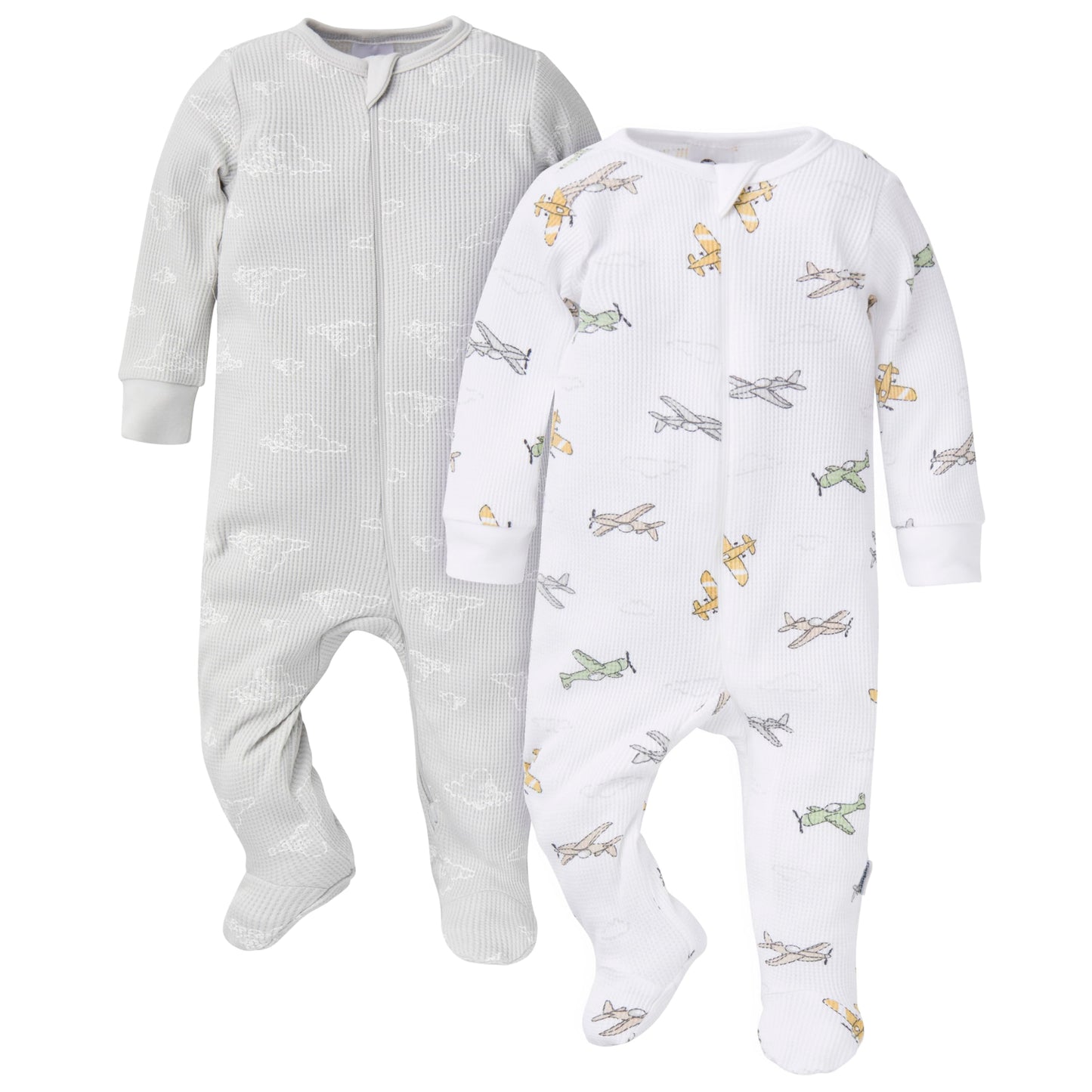 Gerber Baby Unisex 2-Pack 2-Way Zip Thermal Footed Sleep 'N Play, Airplanes, 3-6 Months
