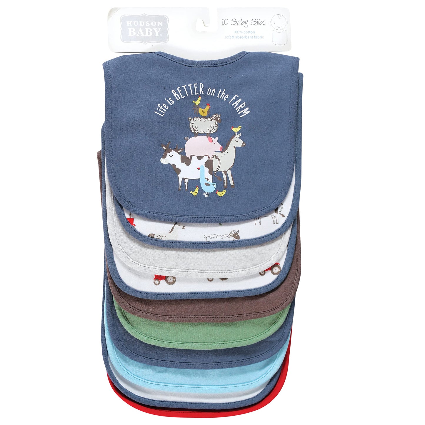 Hudson Baby Unisex Baby Cotton Bibs, Boy Farm Animals, One Size