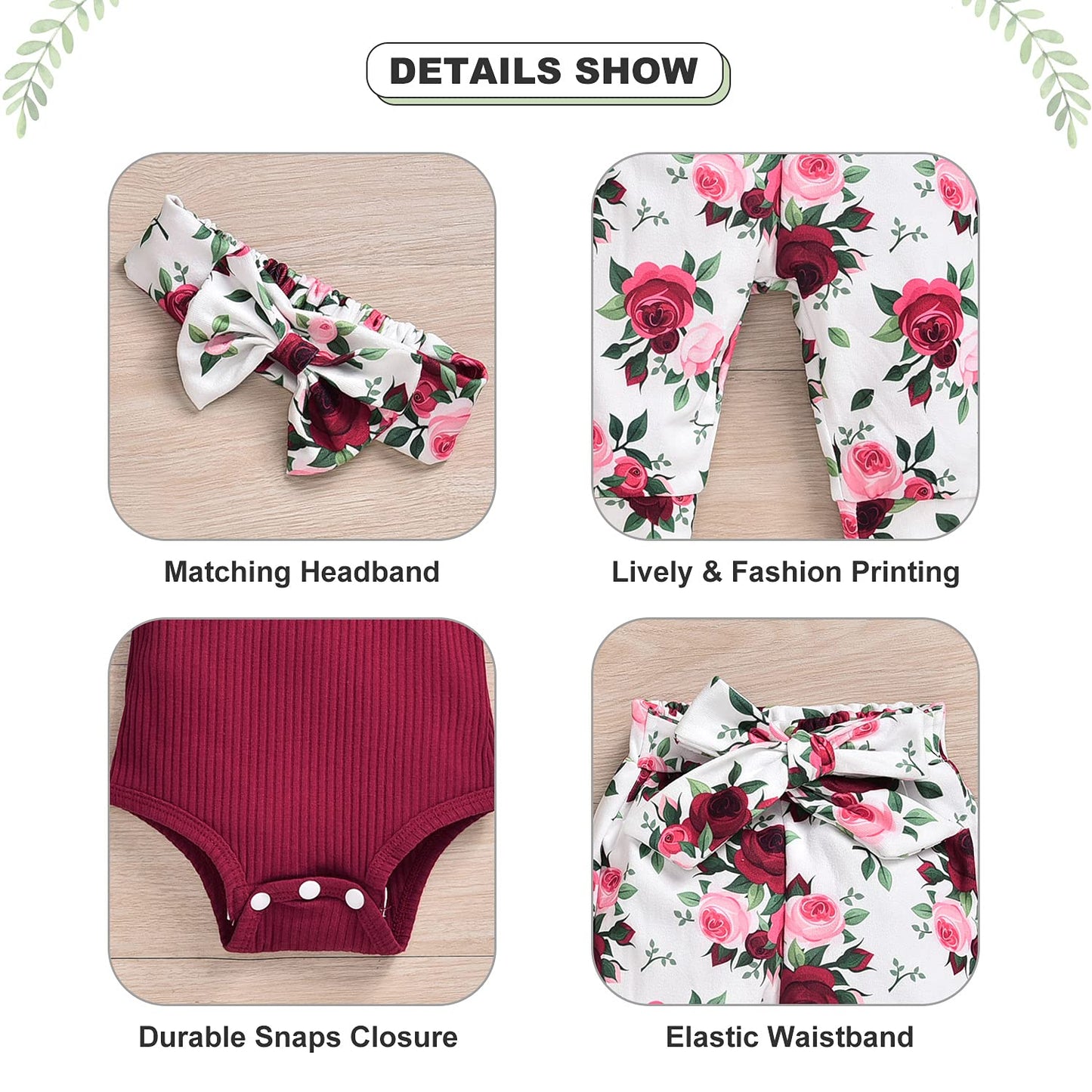 Aalizzwell Newborn Infant Baby Girls Clothes Ribbed Romper Bodysuit Floral Pants Set Fall Winter Outfits (Red, Preemie)
