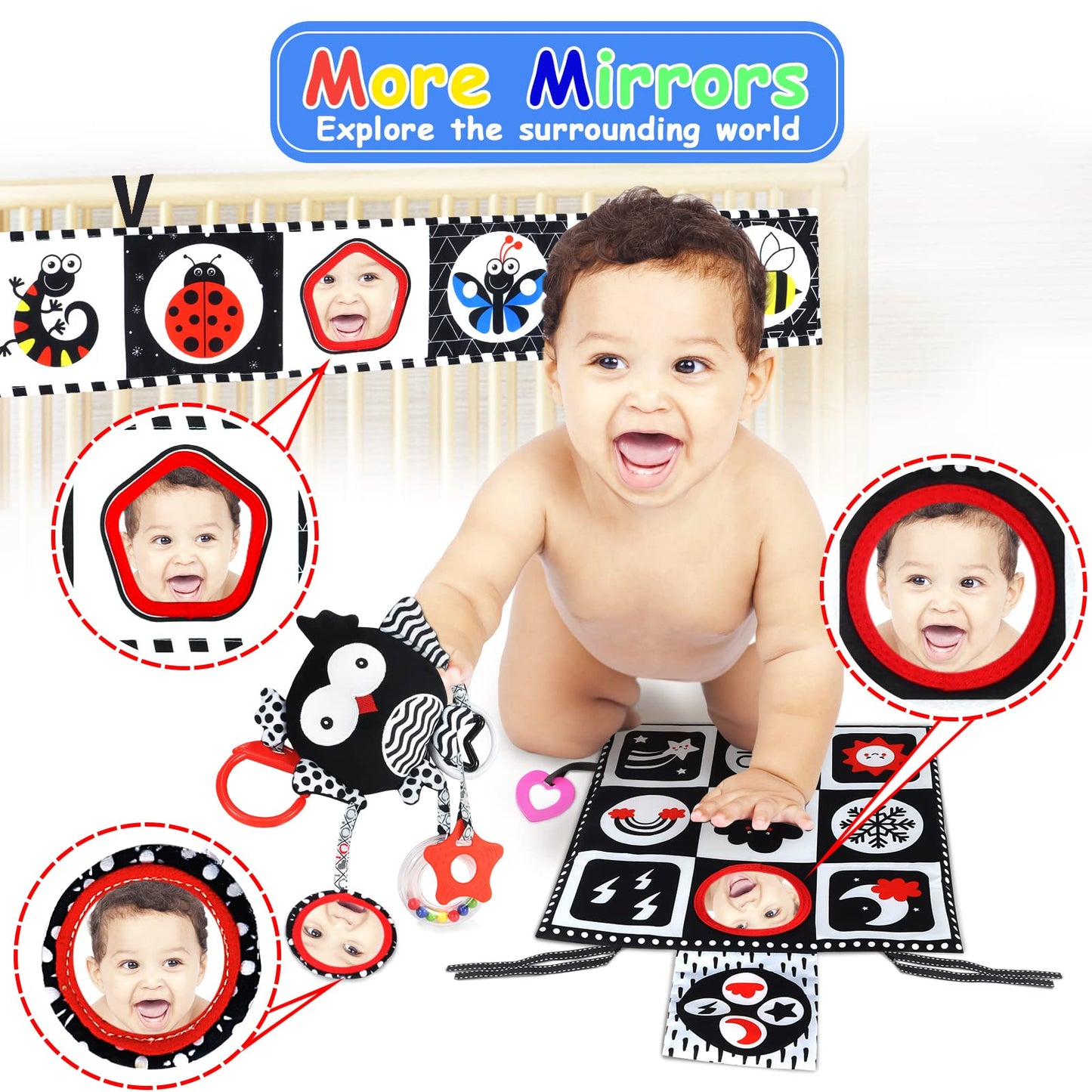Black and White High Contrast Baby Toys 0-6 Months with Mirror, Crinkle and Rattles, Soft Baby Toys for Brain Development Montes