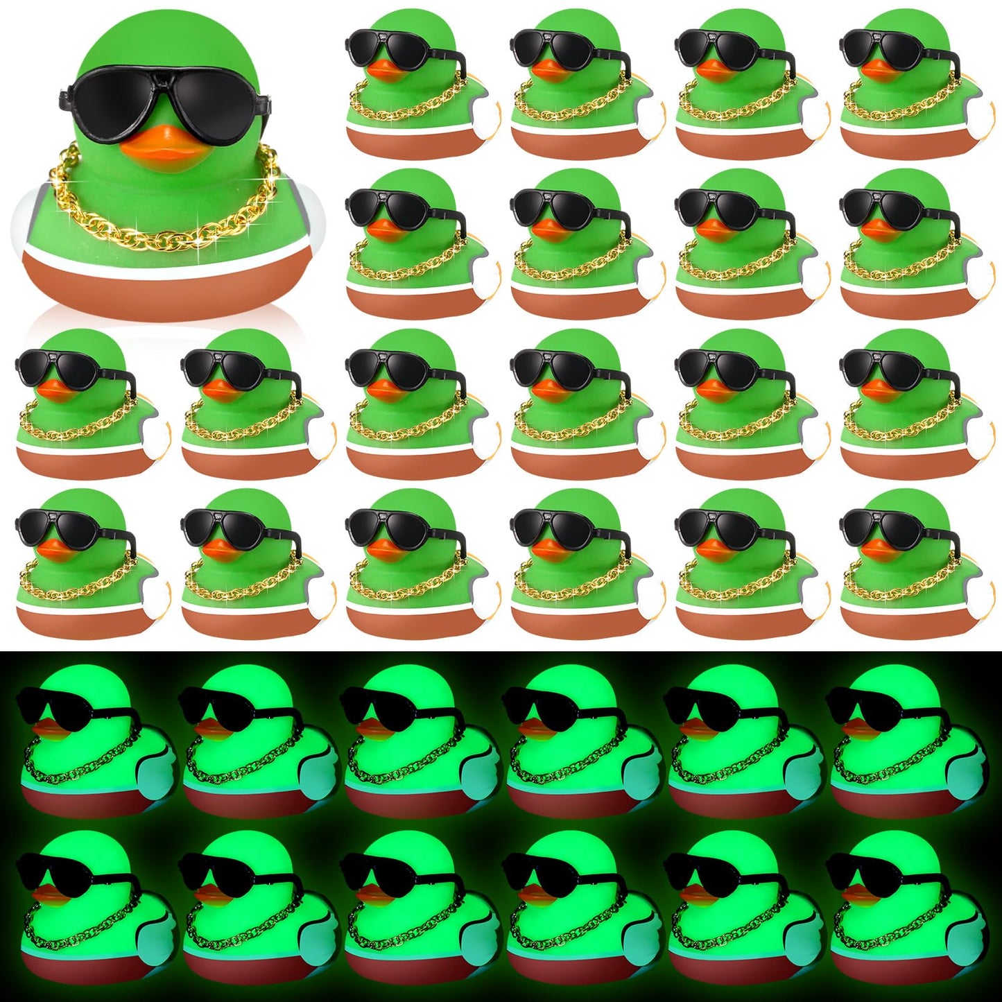 Lunmon 48 Pcs Mallard Rubber Duck Glow in The Dark Bulk with Sunglasses Necklace Set Mini Squeaky Rubber Ducks Bath Floating Toy