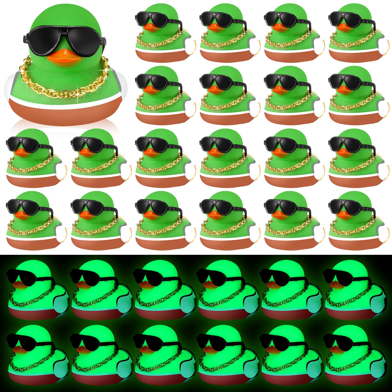 Lunmon 48 Pcs Mallard Rubber Duck Glow in The Dark Bulk with Sunglasses Necklace Set Mini Squeaky Rubber Ducks Bath Floating Toy
