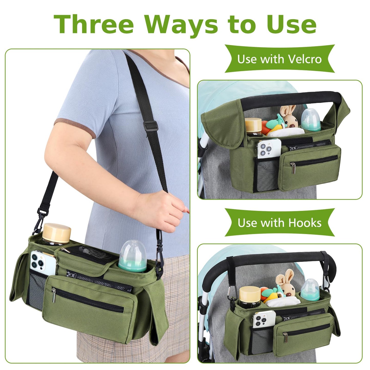 Accmor Universal Stroller Organizer With Insulated Cup Holder Detachable Phone Bag And Shoulder Strap, Stroller Bag Caddy Organi