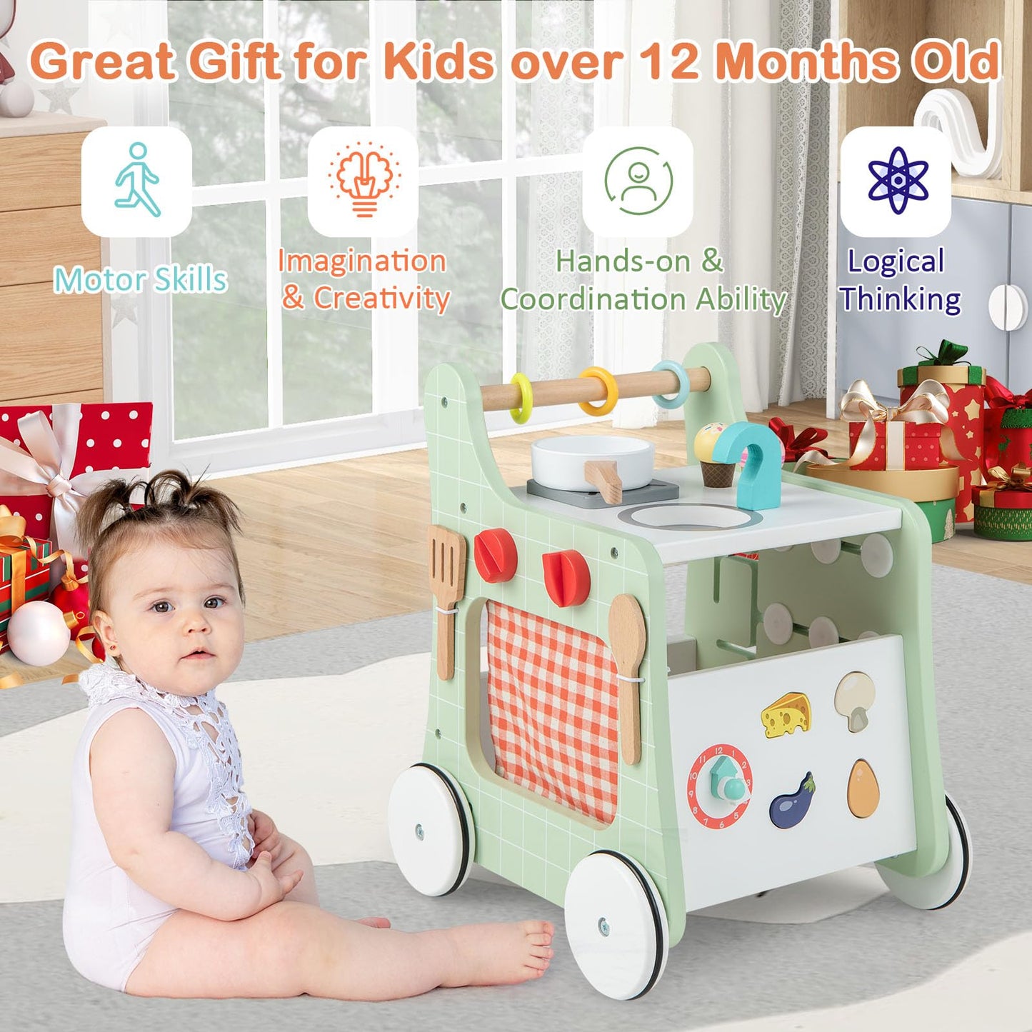 HONEY JOY Baby Push Walker, 6-in-1 Wooden Play Kitchen Walker Activity Center w/Shape Sorter, Develop Motor Skills & Creativity,