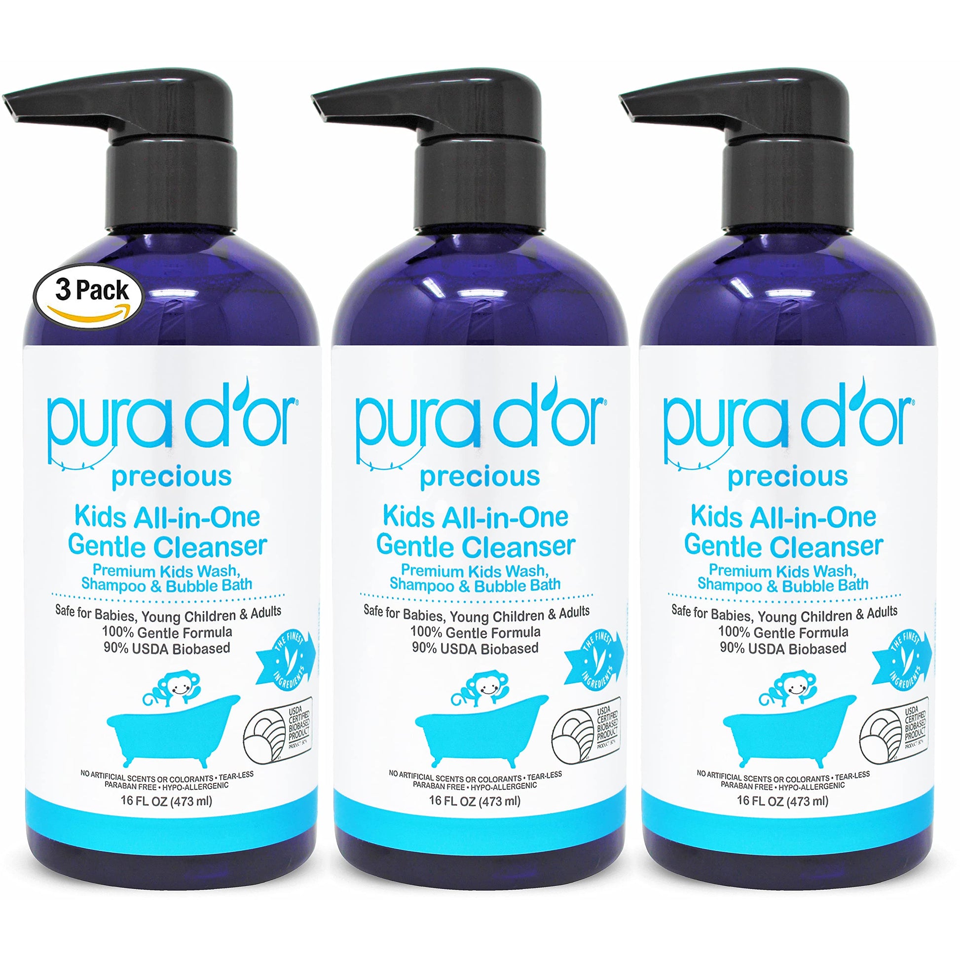 Pura D'Or Kids Wash (16Oz X 3 = 48Oz) All-In-One Gentle Cleanser - Usda Biobased, Sulfate-Free, Tear-Less, Hypoallergenic, Premi