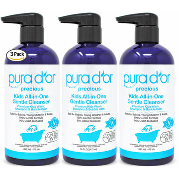 Pura D'Or Kids Wash (16Oz X 3 = 48Oz) All-In-One Gentle Cleanser - Usda Biobased, Sulfate-Free, Tear-Less, Hypoallergenic, Premi