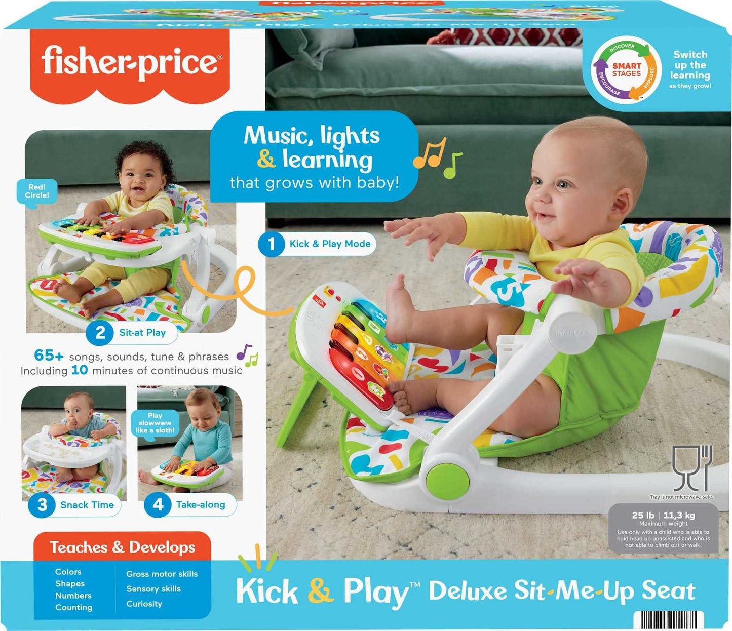 Fisher-Price Portable Baby Chair Kick & Play Deluxe Sit-Me-Up Seat with Piano Learning Toy and Snack Tray for Infants to Toddler