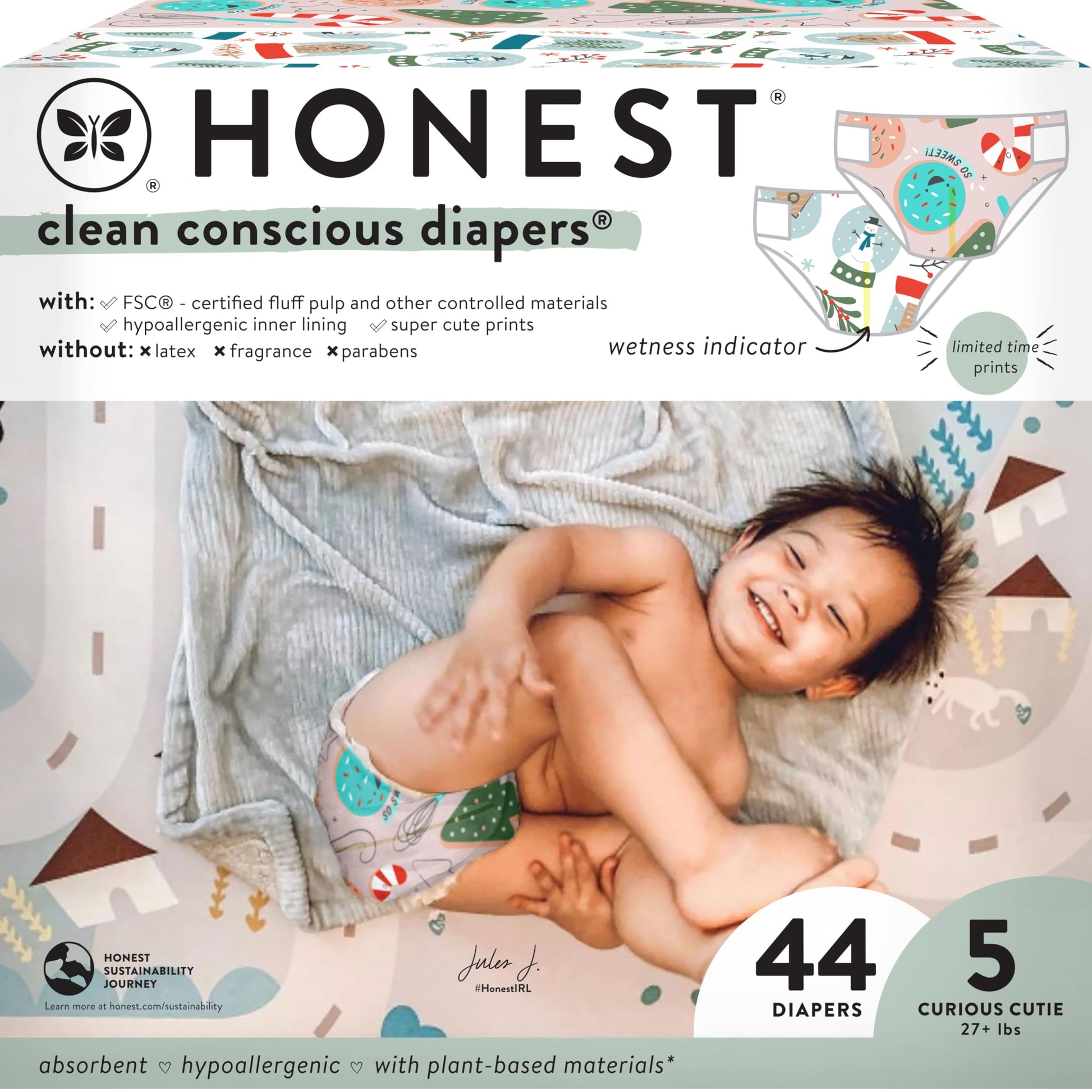 The Honest Company Comfort Dry Disposable Diapers, Plant-Based Sustainable, Winter 24 Seasonal Prints, Club Box, Size 5 (27 lbs